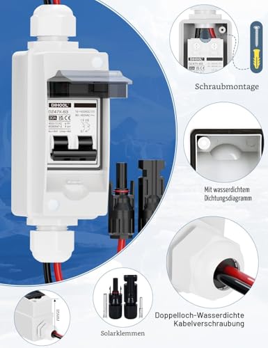 DIHOOL DC Circuit Breaker PV System, Miniature Circuit Breaker, DC12V-400V Circuit Breaker 1 String 2-Pin 30A with Solar Plug Cable IP65 Housing for Balcony Power Plant, Battery, Solar Panels 30 A (DC/AC 400 V)