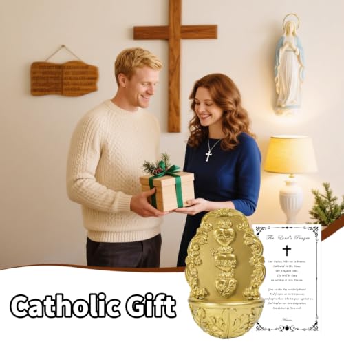 Holy Water Font Sacred Heart Catholic Decor - Holy Water Holder with Lord's Prayer Card Fuente De Agua Bendita for Wall, Altar, Home Entrance Gold