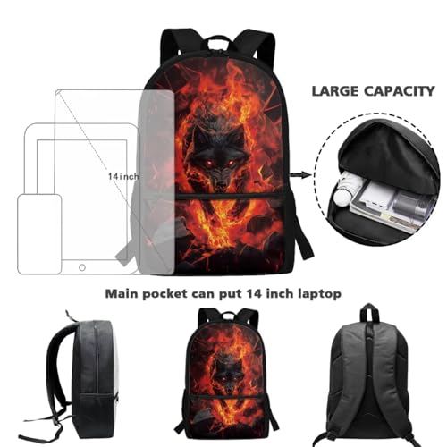 JEOCODY Kids Backpack Set 4 Piece School Bag with Lunch Bag Pencil Case Water Bottle Holder for Boys and Girls Cool Fire Wolf Printedd