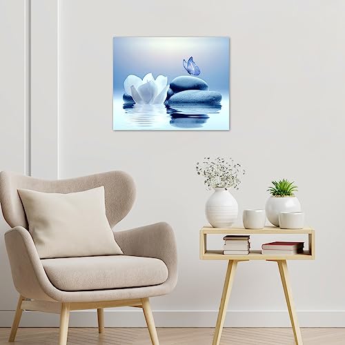 EOBTAIN Zen White Flower Canvas Wall Art Floral and Blue Butterfly on Stone Modern Framed Picture Yoga Spa Spiritual Painting Artwork Print Decor for Bathroom Bedroom Living Room 24x16 Inches 16"L x 24"W