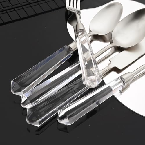 JASHII 5pcs Silver 304 Stainless Steel Flatware Cutlery Set with Transparent Acrylic Handle Diamond Shape, Matte Knife Fork Spoon Set, Dishwasher Safe for Home Wedding Hotel Silver - Service for 1