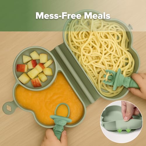 Haakaa silicone baby travel feeding set with foldable suction plate and flatware, suitable for babies 6 months and older.