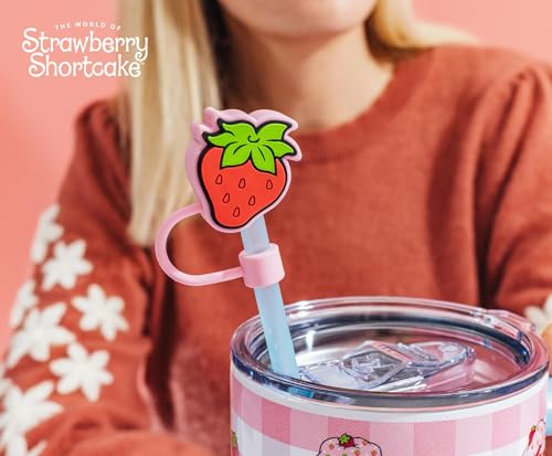 Silver Buffalo Strawberry Shortcake Pink Pattern Stainless Steel Travel Tumbler With Handle, Lid, and Reusable Straw | Holds 40 Ounces