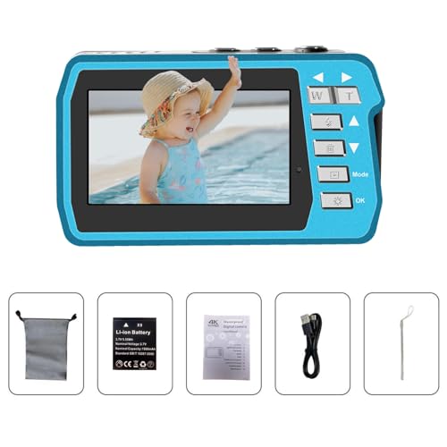 4K Underwater Camera, Full HD 4K&48MP Compact Floatable Camera, 10FT Waterproof Camera for Snorkeling, Surfing, Rafting, Dual-Screen for Selfie/16X Digital Zoom/Fill Light/Support 128GB Card(Blue) Blue