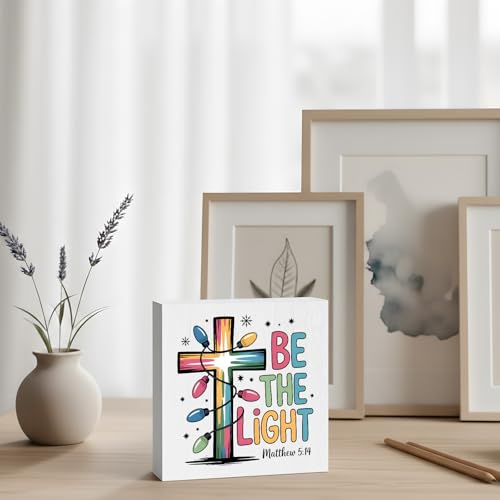 Inspirational Christian Sign Box Bible Verse Decor, Be The Light Matthew 5:14 Christmas Cross Wood Block Sign Decoration for Home Office Desk Table Shelf Wall