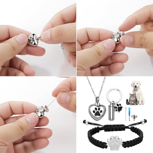 Cupimatch Pet Cremation Jewelry Set: 3 Pcs Stainless Steel Heart Pet Cats Dogs Urn Necklace Adjustable Paw Bracelet Memorial Ashes Keychain with Filling Kit