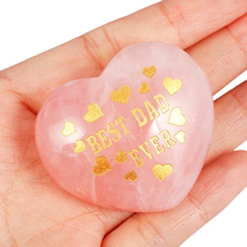 mookaitedecor Rose Quartz Carved Best Dad Ever Heart Stone Palm Stone Pink & Gold #2 1.6 Inch