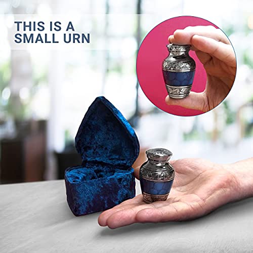 Small Keepsake Cremation Urns for Human Ashes with Velvet Heart Case and Funnel - Beautiful Peaceful Dark Blue Brass Hand Engraved Mini Memorial Urn Blue Small Keesake Urn