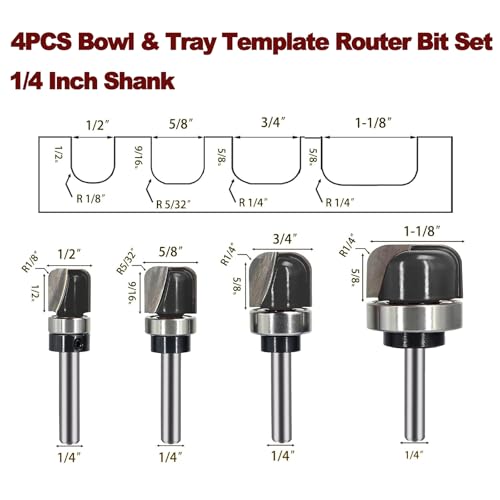 SICWOOD 4-piece bowl and tray template router bit set with 1/4-inch shank and carbide-tipped round nose bits