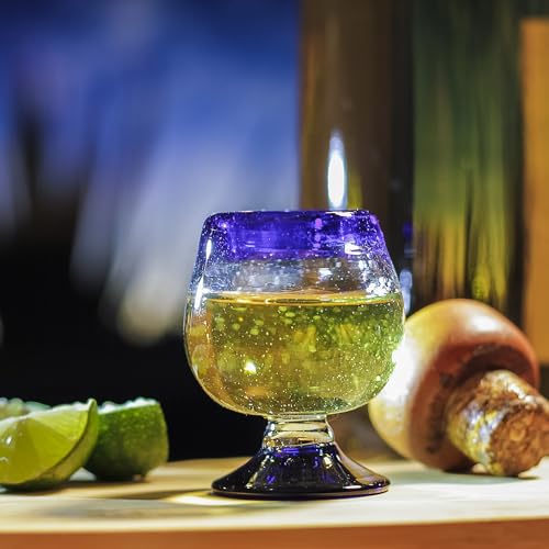 Authentic Mexican Tequila Hand Blown Shot Glasses - Set of 4-2 oz - Mini Glass Snifters - Heavy Base - Cognac (Cobalt Blue Rim) Cobalt Blue Rim