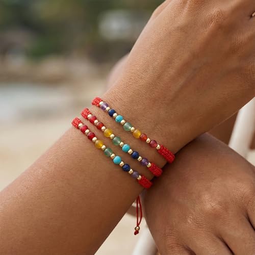 Colorful Healing Crystal Inspirational Seven Chakras Beaded Bracelets for Women,Adjustable Relaxation Energy Inner Peace Rope String Jewelry,Vacation FriendShip Gift 3Pcs Red