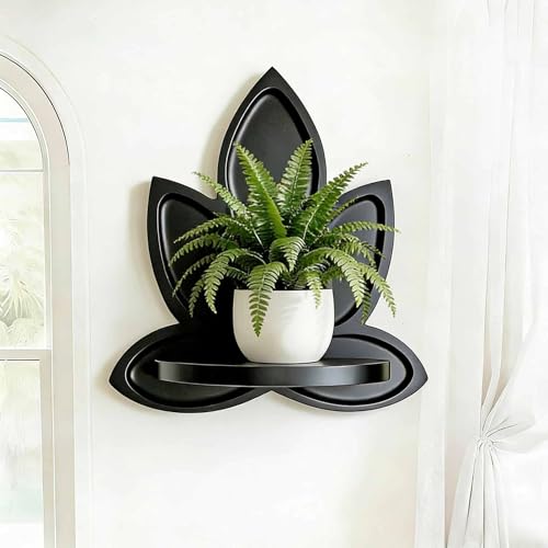 Small Black Carved Lotus Flower Wooden Floating Wall Shelf, Boho Zen Spiritual Home Decor for Yoga & Meditation Space