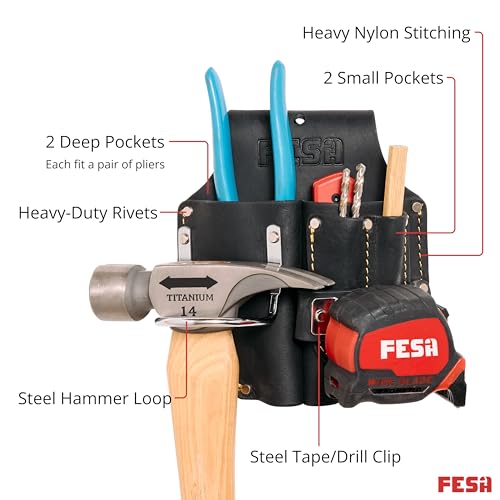 FESA black leather double plier holster with steel hammer holder, tape clip, and carpenter pencil pockets