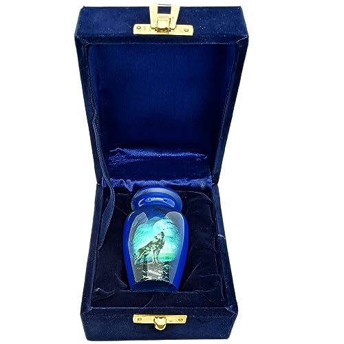 Keepsake Urn - Howling Wolf with Moon Keepsake Cremation Urn for Human Ashes - Blue Metal - 3 cu.in
