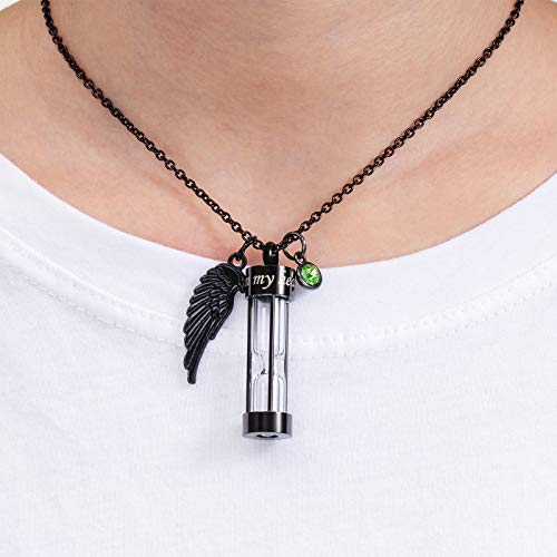 PREKIAR Cremation Urn Necklace for Ashes Timeless Hourglass Memorial Pendant Keepsake Jewelry for Human Pet Ashes with 12 Birthstone Angel Wing Black hourglass