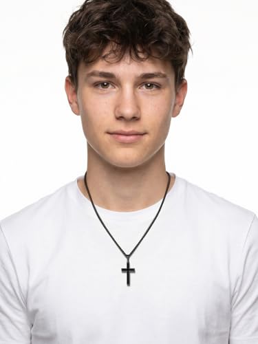 Richsteel Cross Necklace for Men Stainless Steel Christian Crucifix Cross Chain Silver/Black/Gold Plated, Religious Jewellery for Man Woman(With Gift Box) Stylish Cross-black