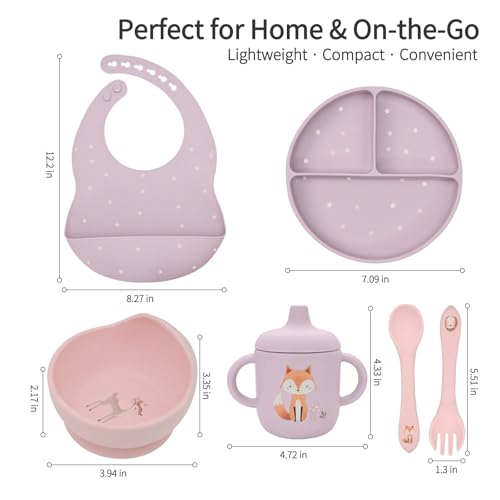 Little Rawr Baby Led Weaning Bundle, 100% Silicone Baby Feeding Set Includes Divided Plate, Suction Bowl, Straw Cup, Bib, Spoon & Fork, Develops Self Feeding Skills, Dishwasher Safe (Purple) Pink