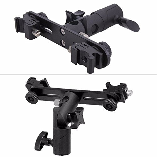 EXMAX E2 Adjustable Double Flash Bracket Dual Hot Shoe Speedlight Stand Umbrella Holder Light Stand Bracket Mount 1/4" to 3/8'' for Studio Video DSLR Camera