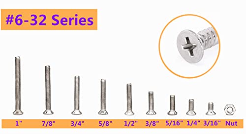Elantek #6-32 UNC 304 stainless steel Phillips flat head countersunk machine screws and nuts assortment kit
