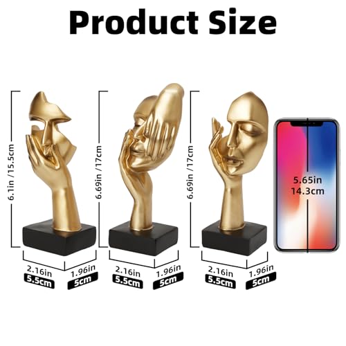 Gold Decor Thinker Statues Set of 3,Golden Abstract Face Resin Sculptures,Home Decor Accents,Office Bookshelf Decor, Shelf Side, Table Decorations for Living Room, Gift for Friends (gold-3Pcs) Gold-3pcs