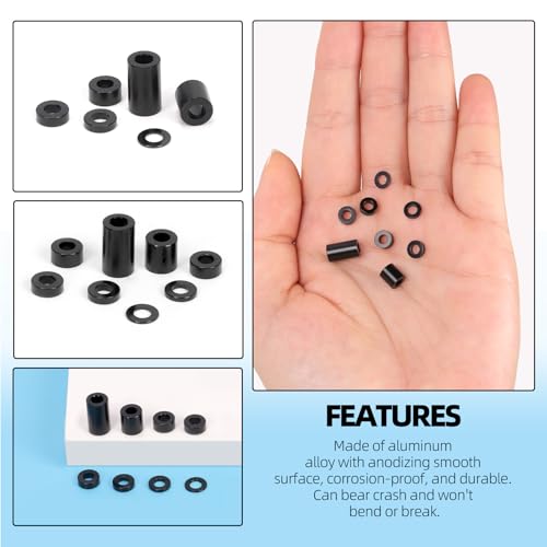 Glarks 65pcs 3.1mm ID x 6mm OD x 0.5-10mm L Aluminum Spacers, Black 8 Sizes Metal Spacer, Aluminum Round Plain Finish Spacer Screw Standoff for Drone FPV Quadcopter Racing RC Multirotors Parts DIY