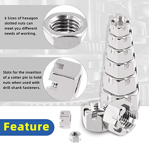 Glarks stainless steel hexagon slotted castle nuts assortment kit in M6-M16 sizes for car, moto, and furniture repairs