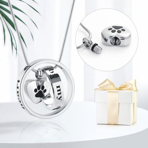 Forever in My Heart,No Longer by My Side Pet Cremation Jewelry for Ashes of Dog/Cat Funeral Keepsake Urn Necklace Paw Print Memorial Necklace Silver-Black Paw