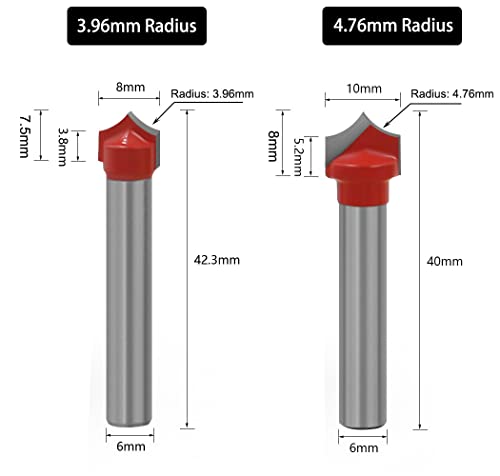 4-Piece Rounding Cutter 6 mm Shank Round Cutter Radius Cutter Set | Wood Router Cutter C3 Carbide Fitted Radius Sizes 3.96/4.76/6.35/7.96 mm 6mm Schaft
