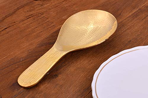 DeKulture handmade brass rice serving spoon with gold finish, 7.9 inches long, food-grade flatware for serving rice and grains.