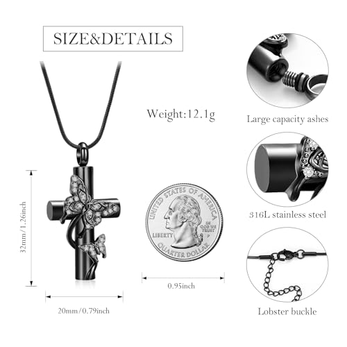 Butterfly Cross Urn Necklace for Ashes, Stainless Steel Memorial Keepsake Pendant for Men Women, Screw Top Seal Design Cremation Jewelry for Ashes Holder Cross Pendants for Ashe of Loved Black