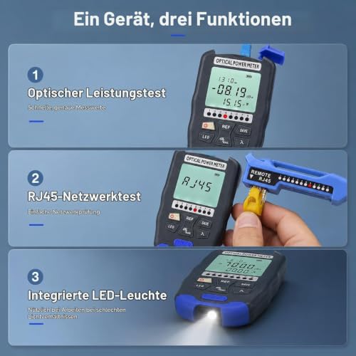 Optical Power Meter, 3-in-1 Fibre Optic Power Meter with RJ45 Tester, LED Light 850 ~ 1650 nm, -70 ~ +10 dBm, OPM FTTH Optical Power Meter Rechargeable Fibre Optic Tester with FC/SC/ST