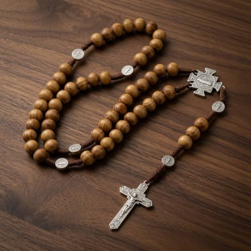Nazareth Store Sacred St Benedict Wood Beads Rosary Solid Wooden Prayer Chaplet with Cross Saint Medal & Silver Jesus Crucifix
