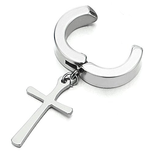 Men’s Stainless Steel Silver-Tone Cross Clip-On Earrings, Non-Piercing