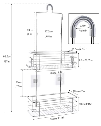 Hanging Shower Caddy, Stainless Steel, 2-Tier Bathroom Organizer Rack over Shower Head with 2 Hooks for Razor and Sponge