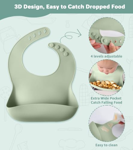 Silicone Baby Feeding Set, BPA Free Baby Dishes Set with Suction Bowl Divided Plate, Adjustable Bib, Soft Spoons and Forks, Cup, Travel Bag, BPA-free, Microwave and Dishwasher Safe, 6 month+ (Green) Dark Green