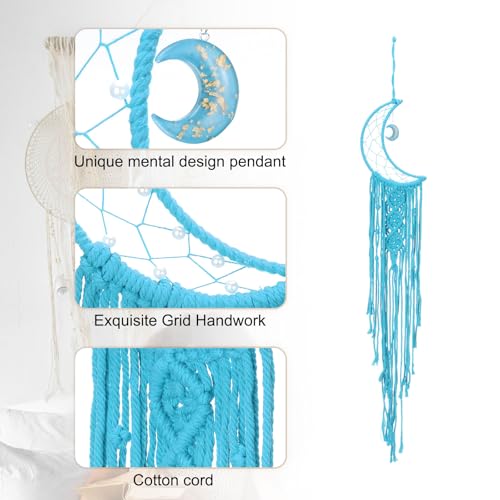 MECCANIXITY Macrame Dream Catchers, Sky Blue Handmade Moon Design Woven Cotton Dream Catcher Wall Hanging for Home Bedroom Decoration Ornament Craft Gift
