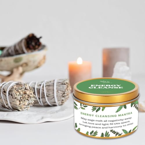 Premium Sage Candle with Energy Cleansing Mantra – Natural Soy Wax, Cotton Wick, Paraben and Phthalate-Free Scent, Non Toxic - Clean Scented Candles for New House, Housewarming, Smudging 6oz
