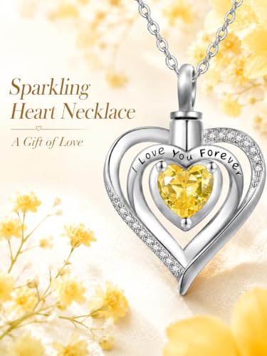 TANGPOET Birthstone Ashes Necklace 925 Sterling Silver Heart Urn Necklace Cremation Jewellery for Ashes Pendant for Women Girls with Funnel Filler Kit 11-Nov