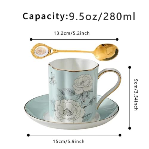 Floral Tea Cup and Saucer Set, Bone China Cup and Saucer with Spoon, Elegant Porcelain Coffee Cup with Gold Trim, Food Grade Coffee Mug for Women, Tea Party, Gifts Giving, 8.5 oz