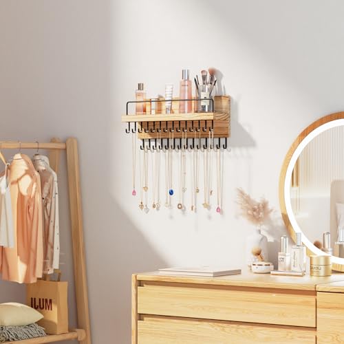 Black Lolalet wall necklace holder and jewelry organizer with hooks for hanging and organizing necklaces and jewelry pieces.