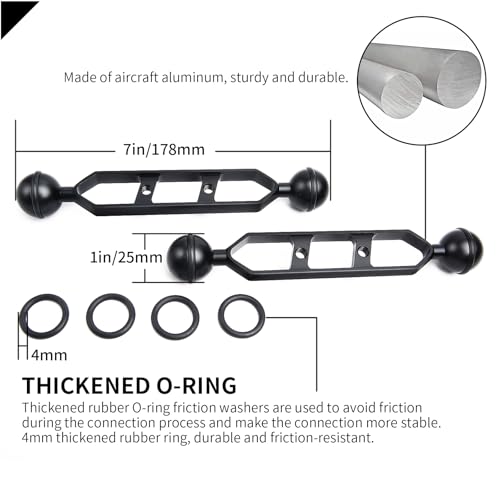 Black 7" Underwater Aluminum Alloy Extension Arm (2-Pack) - Dual Ball System with 1" Head Connector, Waterproof & Rustproof for Diving Camera Tray/Strobe/Video Light, Scuba Photography Gear 7" Extension Arm Black