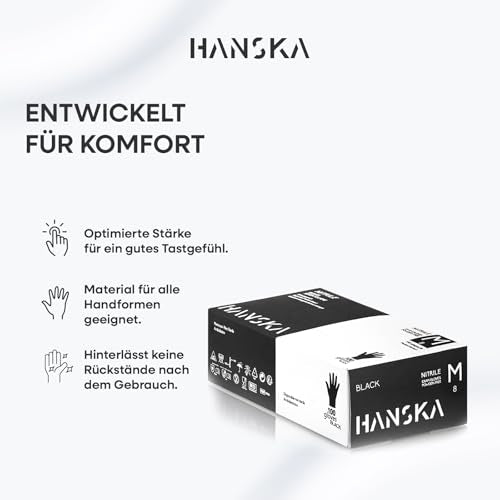 HANSKA 100 Black Nitrile Disposable Gloves - Powder Free - Disposable - Ambidextrous - Non-Sterile - Rubber Base - Suitable for Medical Areas, Food Handling (100, M) 100 cm