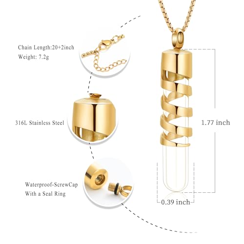 Oinsi Clear Glass Tube Cremation Urn Jewelry Ashes Holder Necklace Keepsake Memorial Pendant Including Box/Fill Kits Gold1