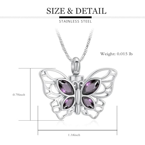 Yinplsmemory Butterfly Urn Necklace for Ashes for Women Memorial Loved One Ashes Keepsake Cremation Jewelry for Human/Pet Ashes Silver-purple
