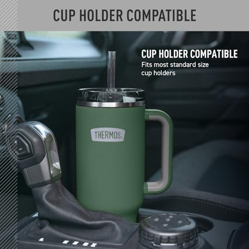 THERMOS Stainless Steel Cup Holder Mug - 40 Ounce, Alpine Green - Insulated Tumbler with Lid and Straw, Plus Leak-Resistant Slide Lock Tritan Straw 40 Ounces