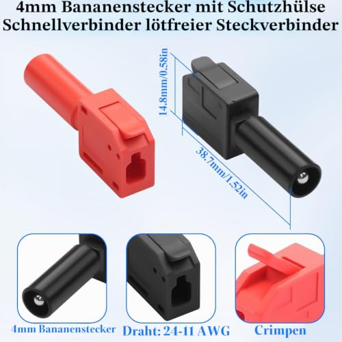 QIANRENON 4 mm Banana Plug Solderless Connection 32A M4 Sheath Banana Plug Quick Connection Adapter Crimping 4 mm Shroud Banana Plug, for Multimeter Test Circuit Oscilloscopes, Red + Black
