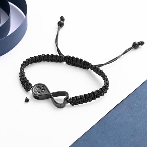 Infinity Heart Urn Bracelet for Ashes Pet Dog Cat Paw Print Cremation Jewelry Keepsake Braided Rope Adjustable Bangle Memorial Gift for Men Women black