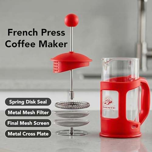 OVENTE French Press Coffee Maker 34oz with 4-Level Filtration, Red FPT34R 34 Ounce