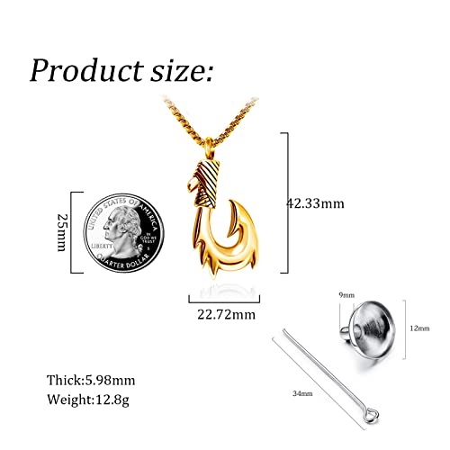 YSAHan Gold Fish Hook Cremation Jewelry Ashes Hawaii Gone Fishing Urn Necklace Memorial Pendant Keepsake Gift (UR-26_Hook_G)