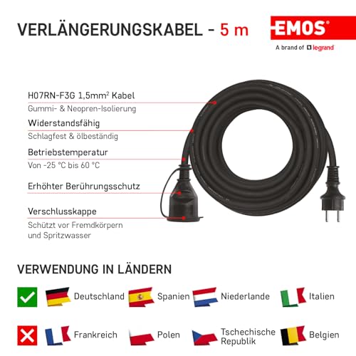 EMOS extension cable 5 m Schuko, rubber extension cable for outdoor use IP44, H07RN-F3G 1.5 mm2 5 metres Single